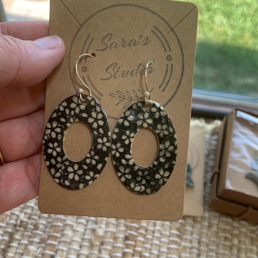 Black and Cream Floral Earrings