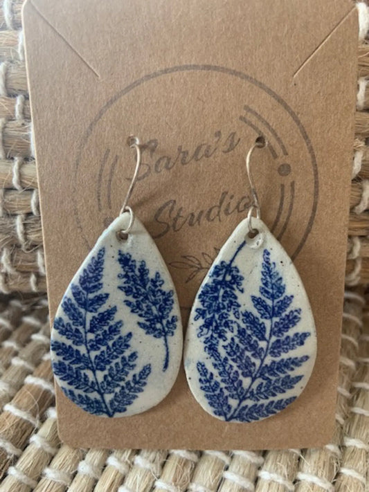 Handmade Clay Dangle Earrings - Leaf Print Pottery Earrings